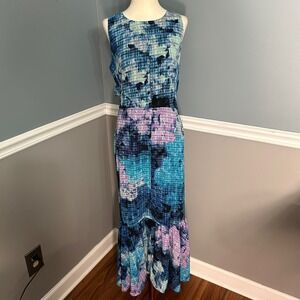 Maggy London Blue Abstract Cutout Back Maxi Dress fairy mermaid beachcore